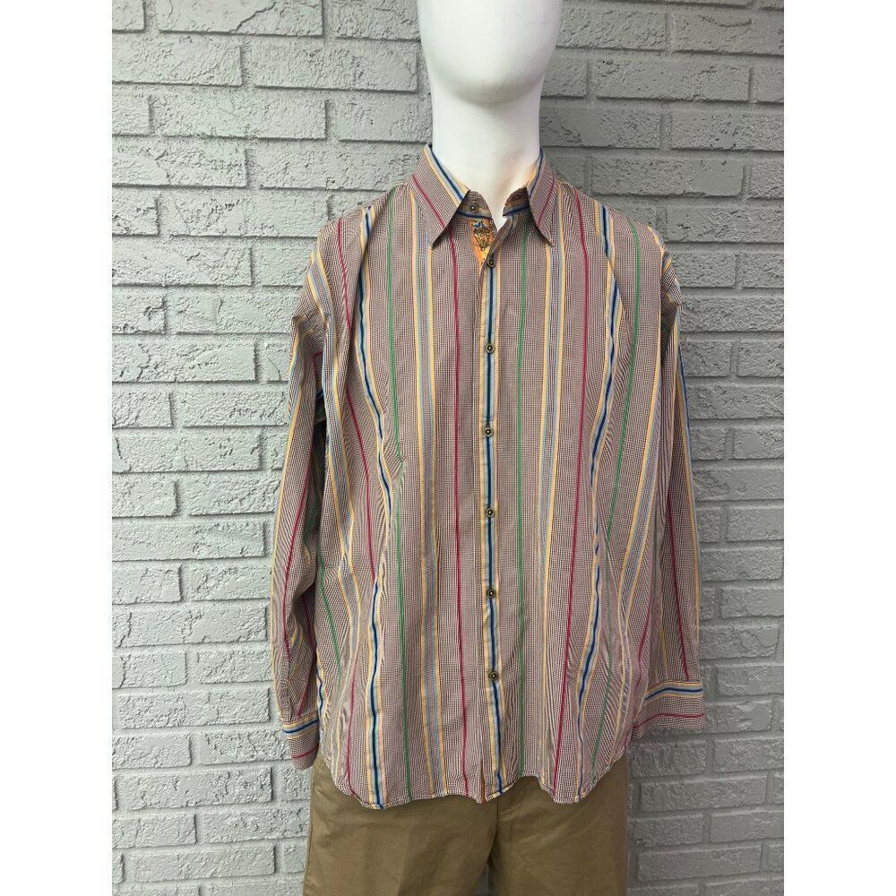 Luchiano Visconti 2 Ply Mercerized Cotton Strip Checked Ling Sleeve Shirt  XL